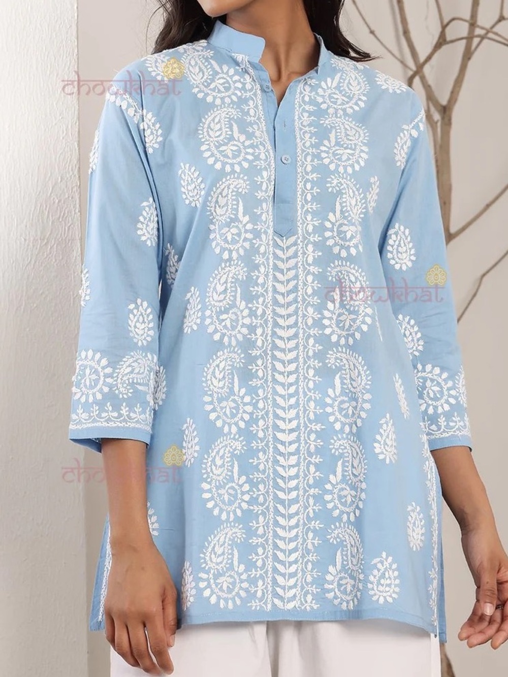 Hand embroidered, Light Blue Embroidered Women’s Tunic Top - White Floral Detail
